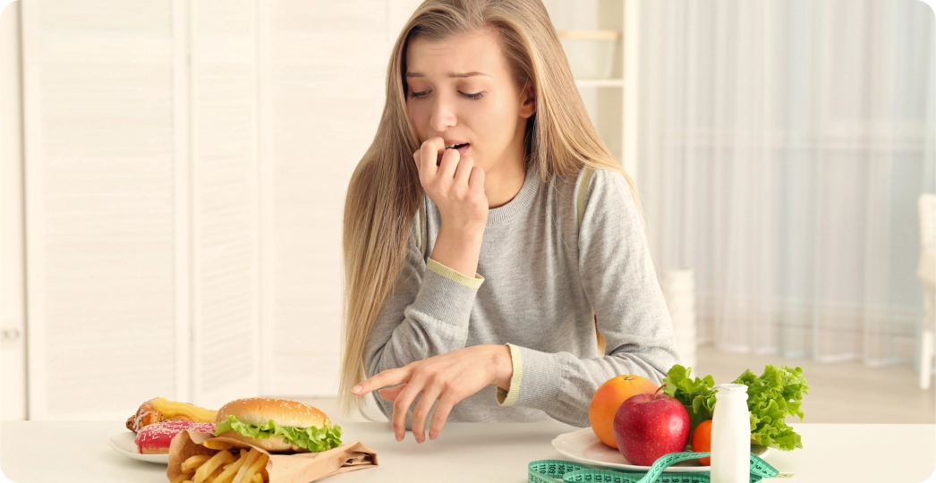 A woman looking stressed and frustrated, sitting at a table with a burger, fries, and diet pills.