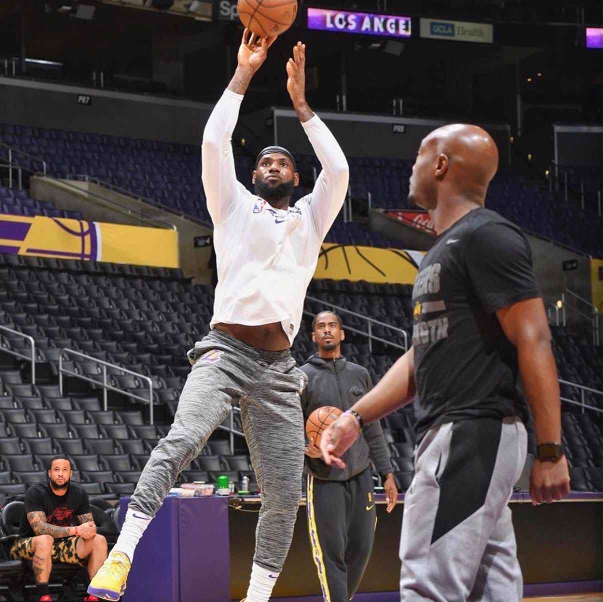 Coach Kevin Graham on the court at a Lakers practice