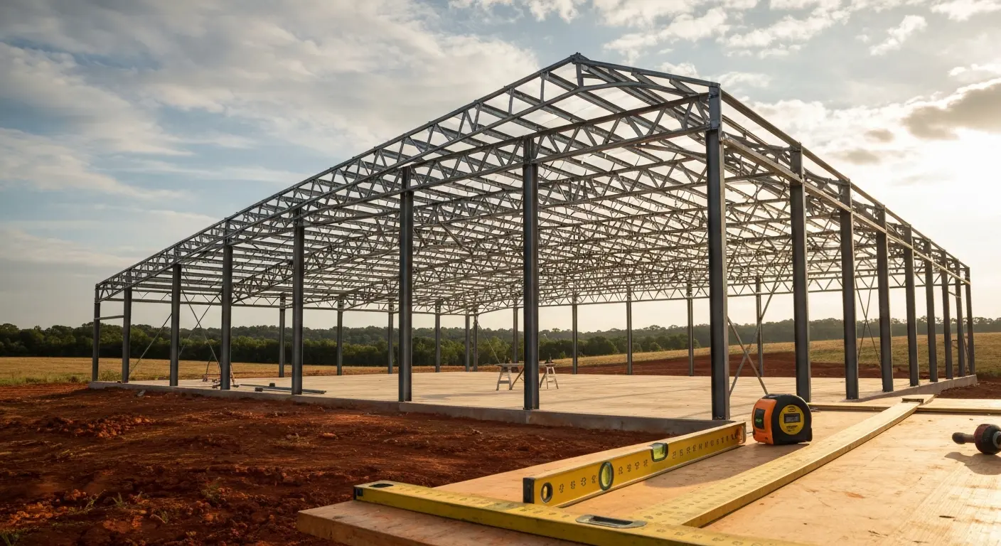 Steel building frame with clear-span roof on rural Williamson County property