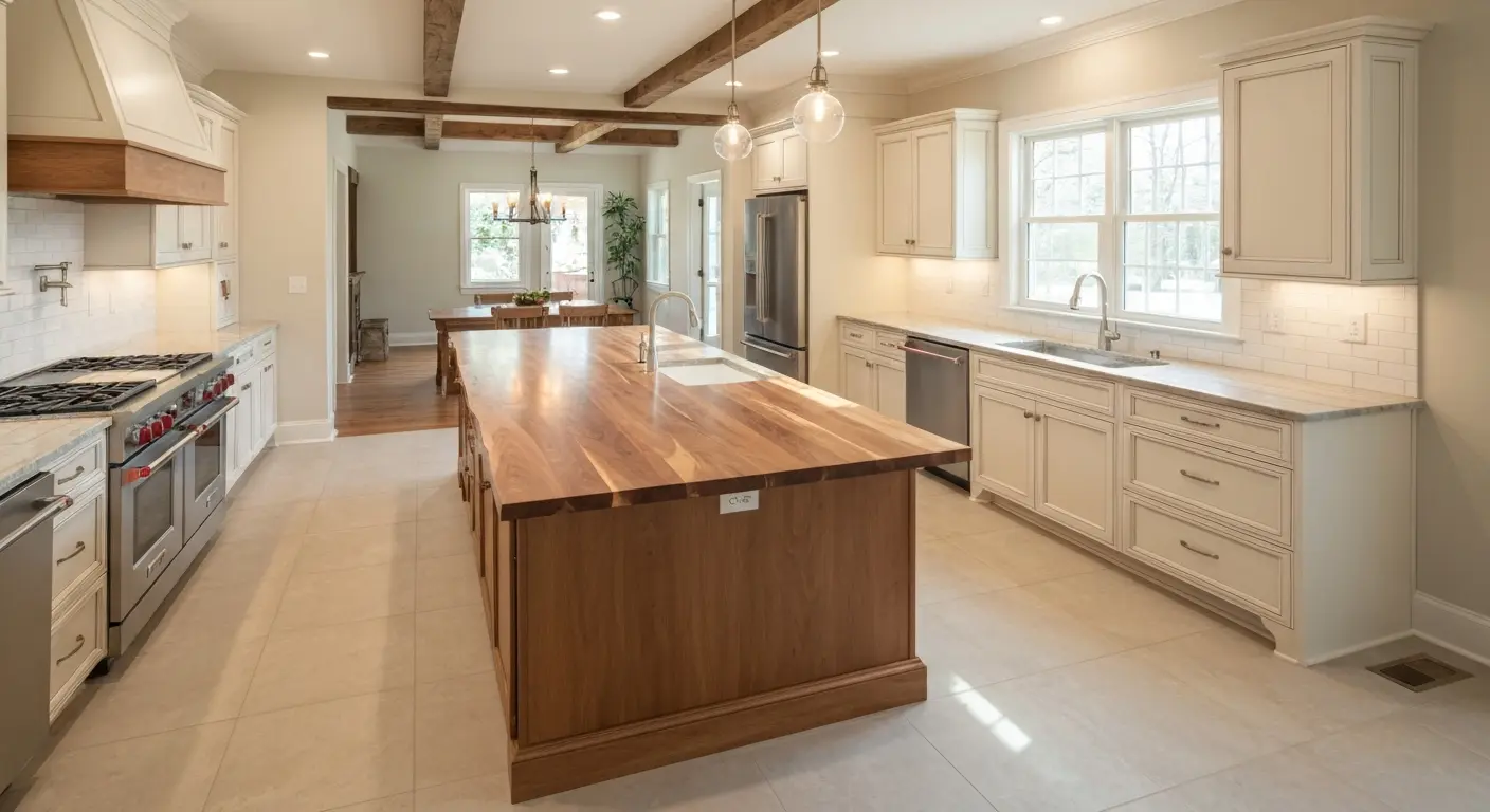 Modern kitchen with large island and custom cabinetry in Williamson County home