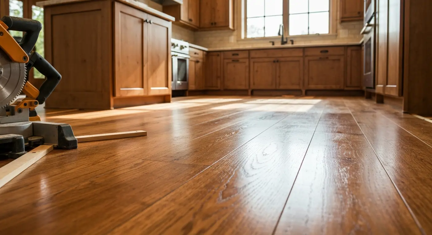 Wide plank wood kitchen flooring