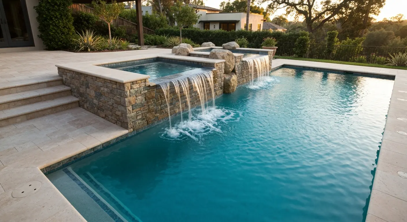 Custom gunite pool with waterfall in upscale Brentwood backyard
