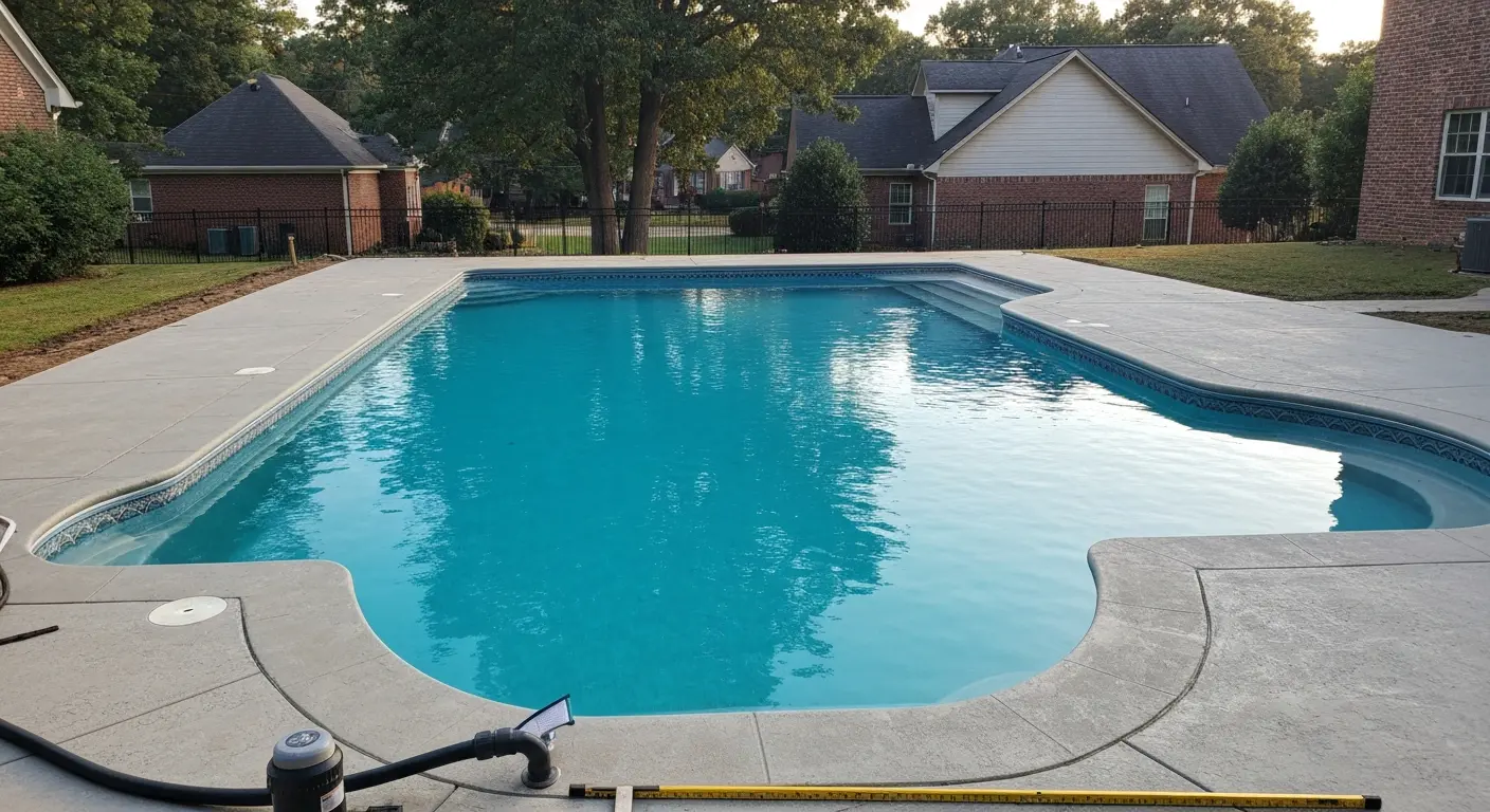 Fiberglass pool installed in backyard with patio decking