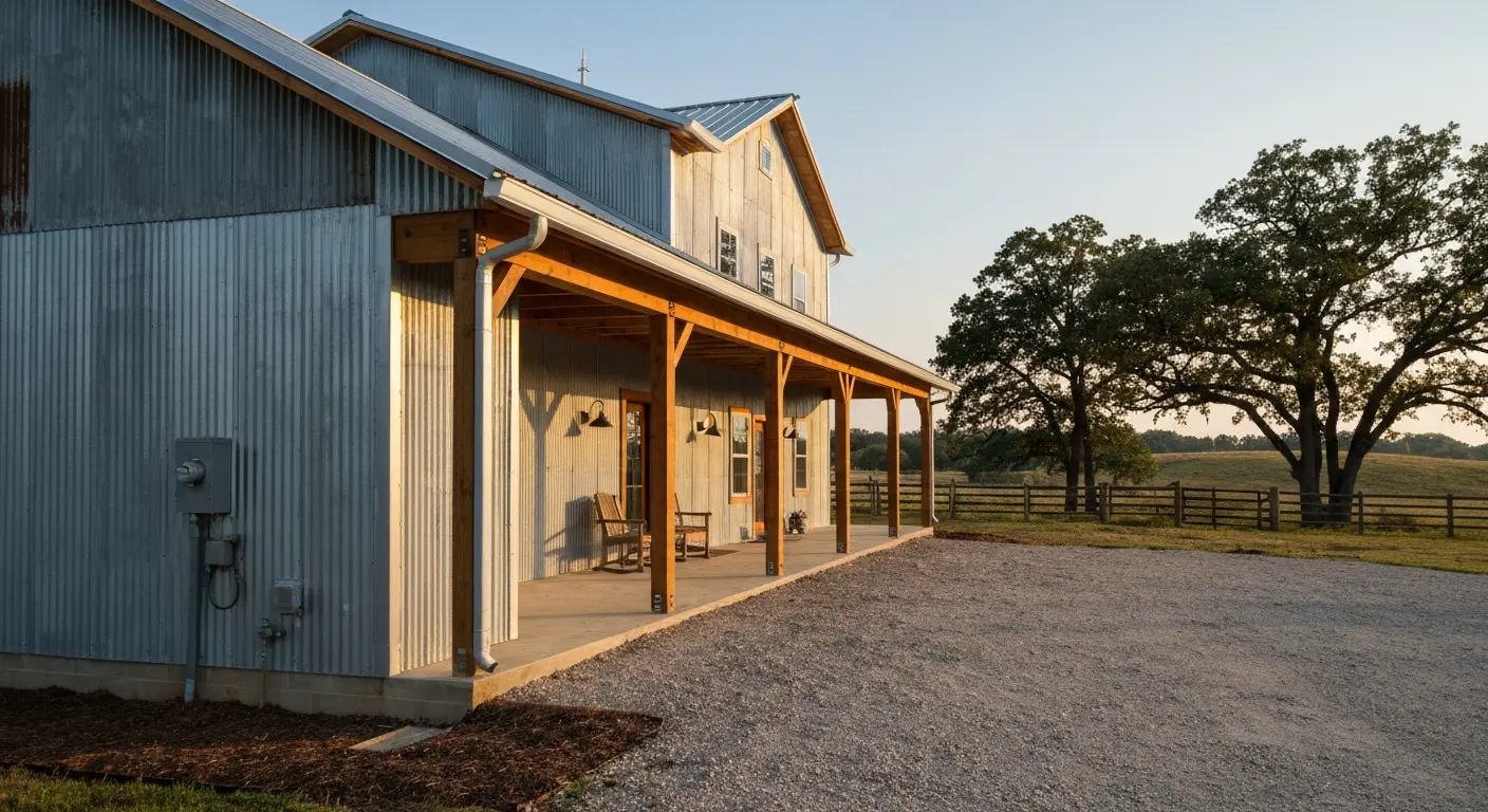 Barndominium with metal siding and open porch in rural Williamson County