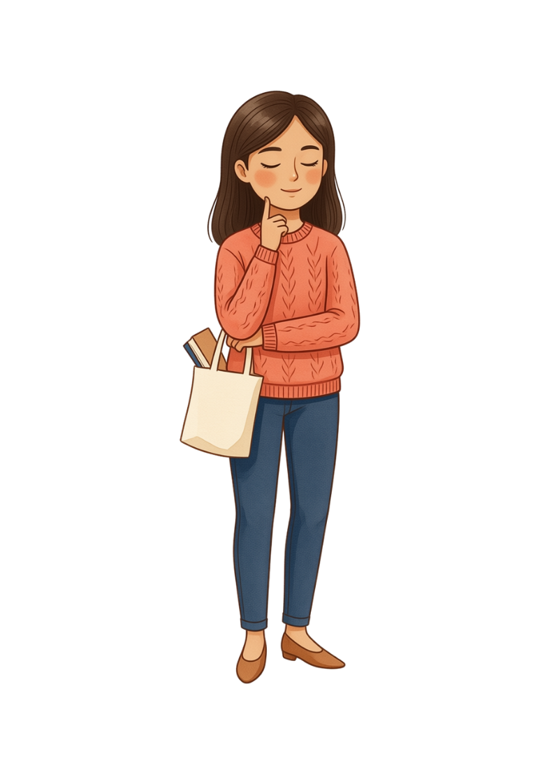 A Finance Girlie pausing to consider, holding a tote of books