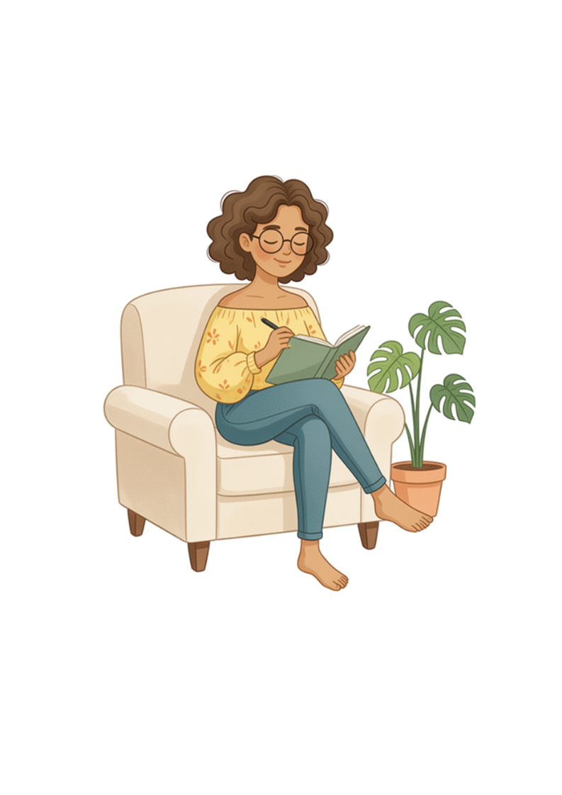 A Finance Girlie journaling calmly in a cosy armchair