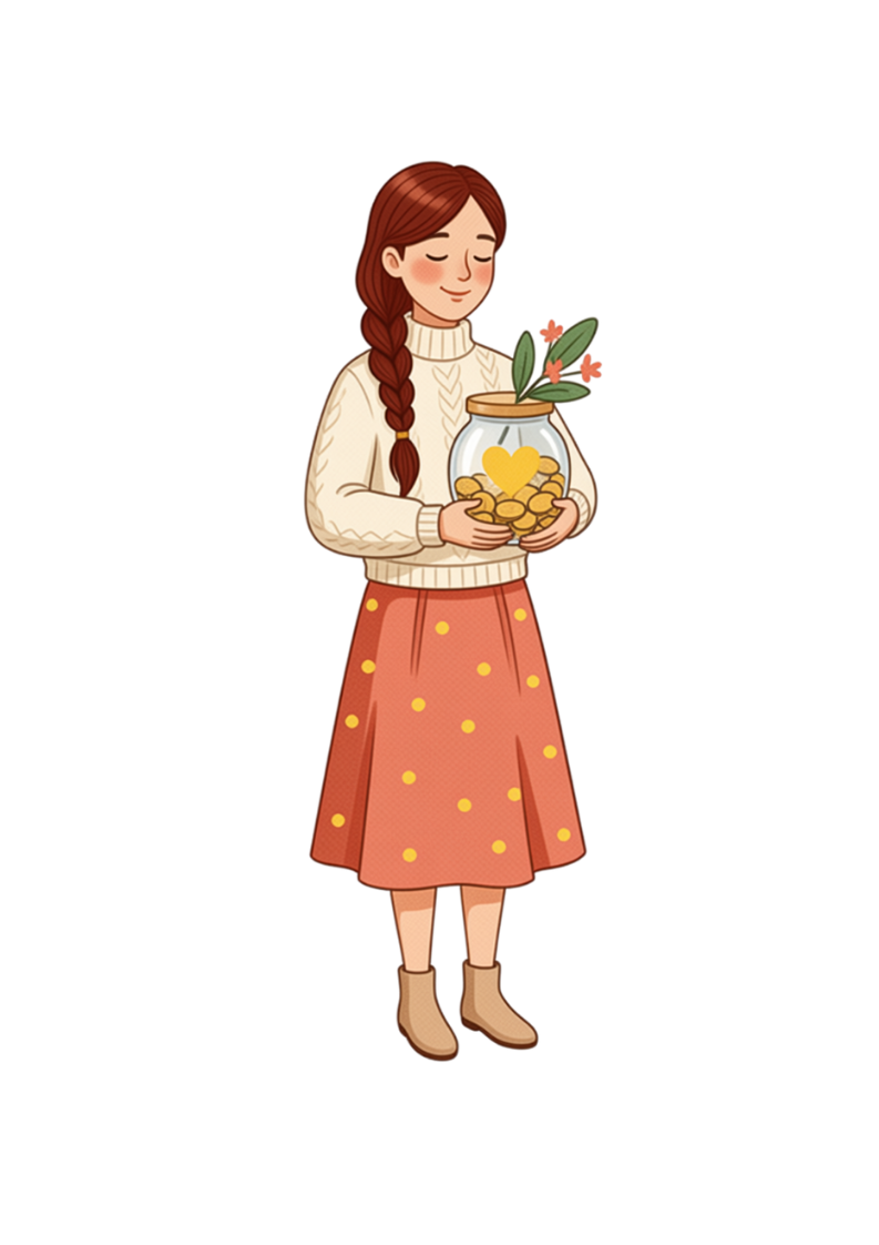 A Finance Girlie holding a jar of savings with a little heart inside