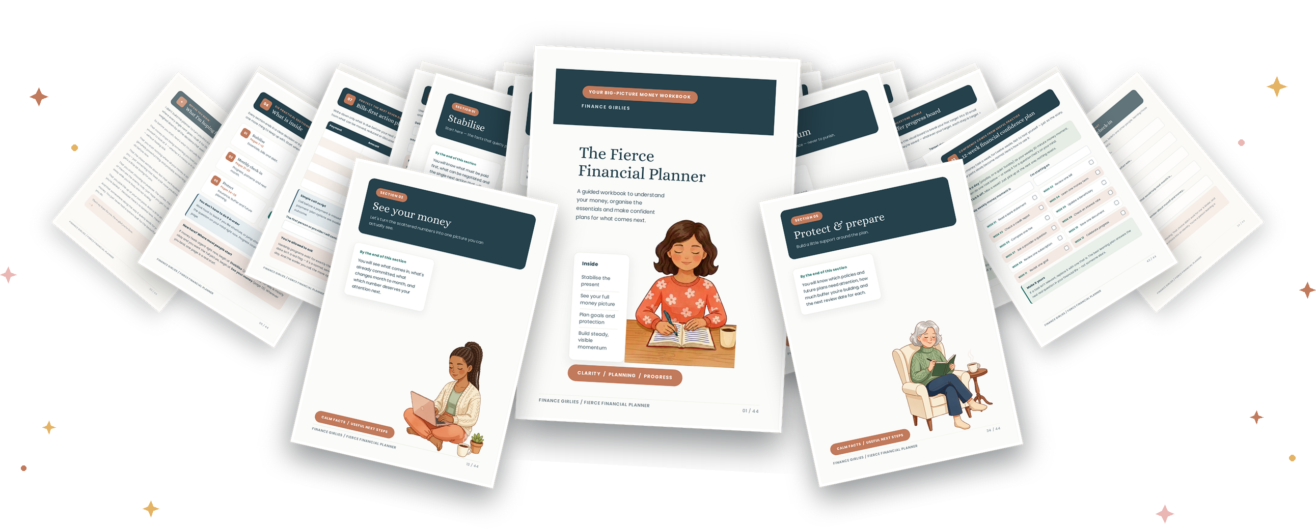 The Fierce Financial Planner cover with many of its practical inside pages fanned out behind it