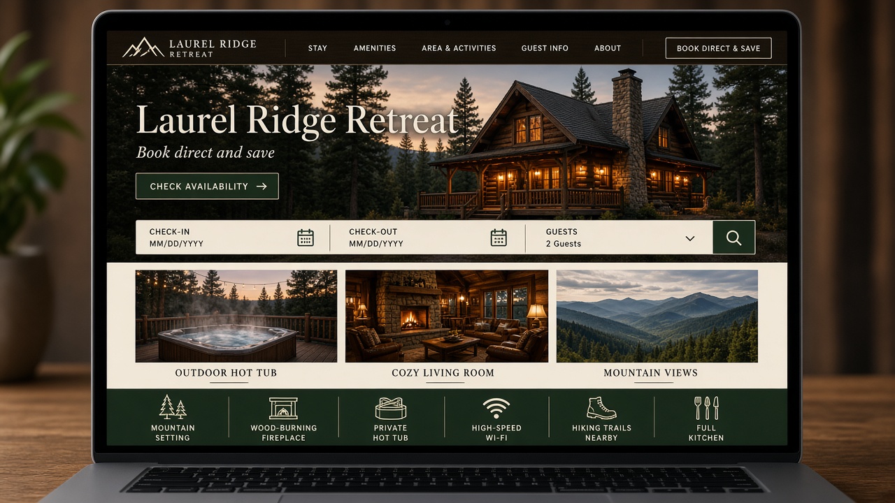 Sample direct-booking website for a vacation rental, shown on a laptop