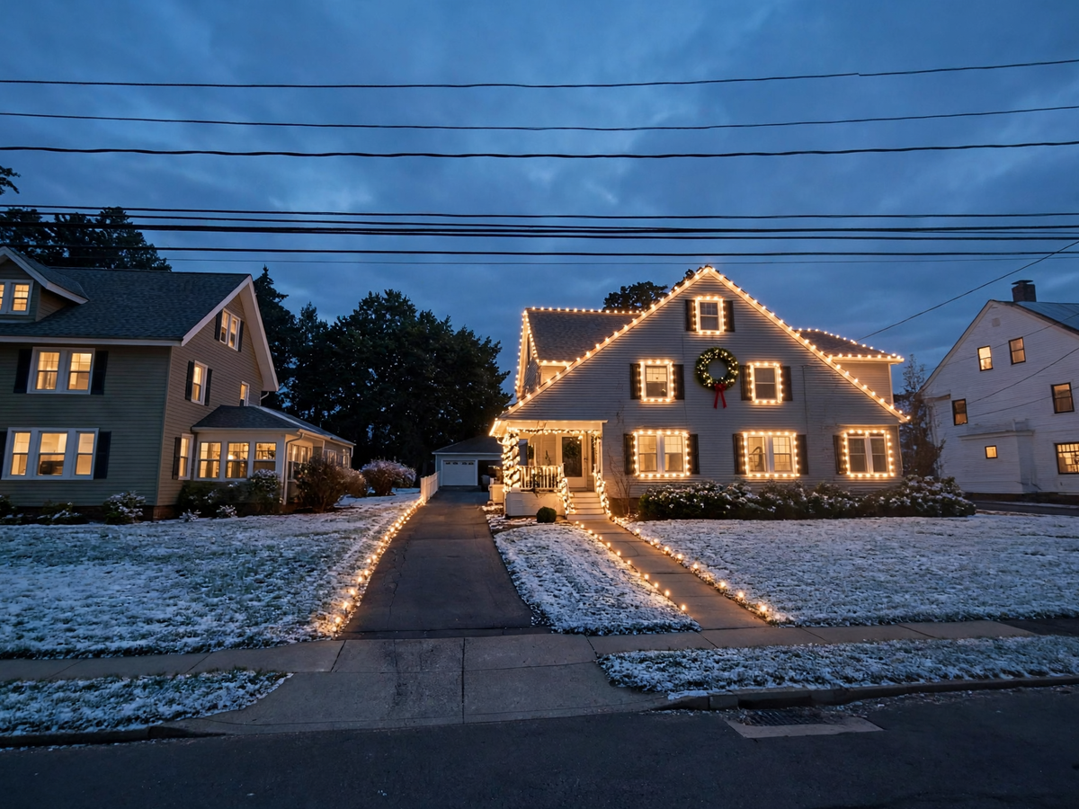 Holiday home with roofline and landscape Christmas lighting at dusk