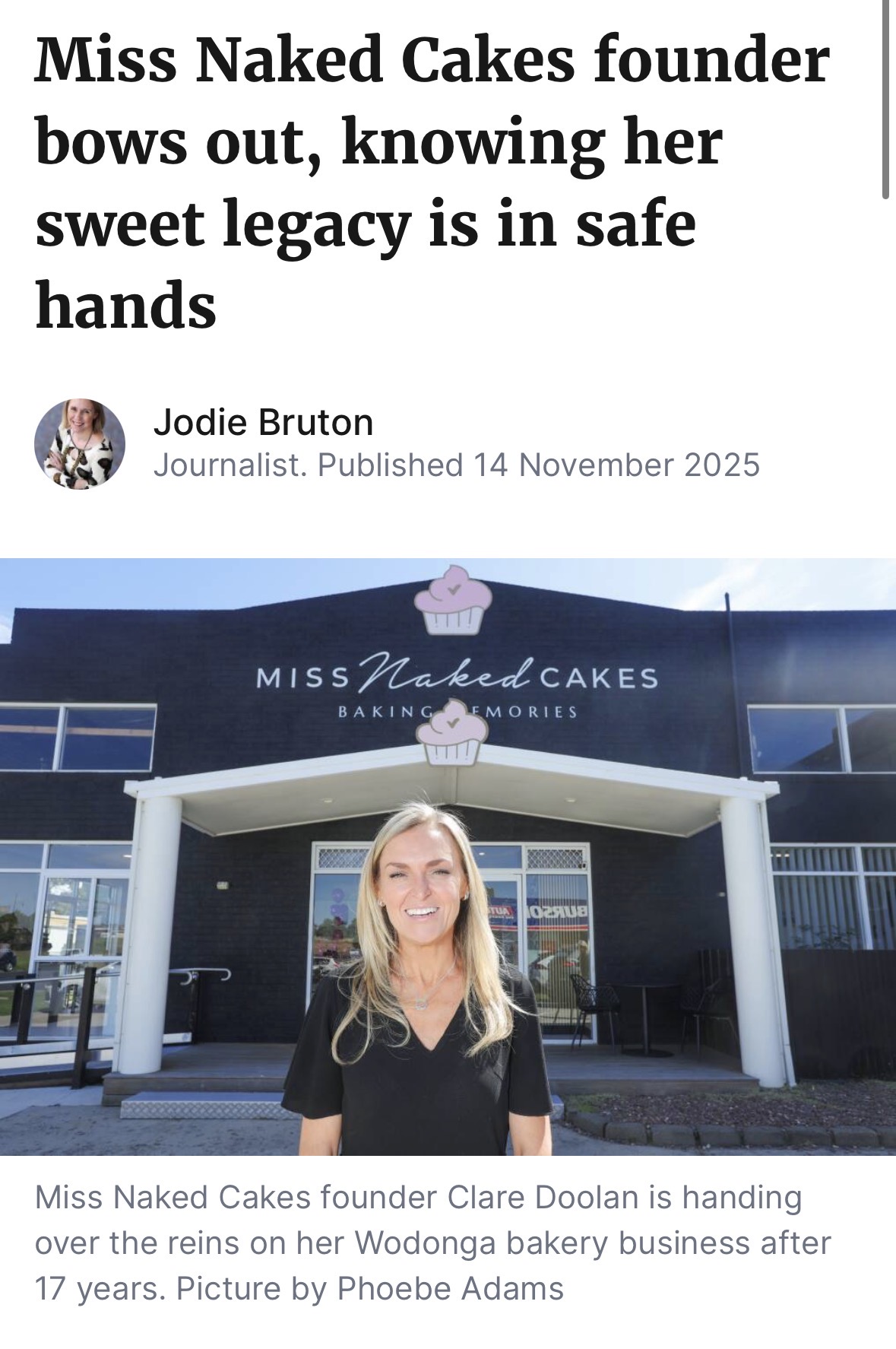 Newspaper article covering the sale of Miss Naked Cakes after 17 years