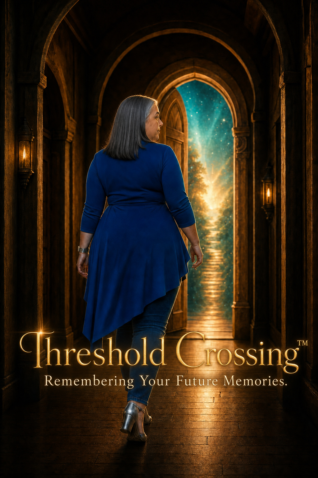 Stacy Braiuca walking through the threshold doorway — Threshold Crossing: Remembering Your Future Memories