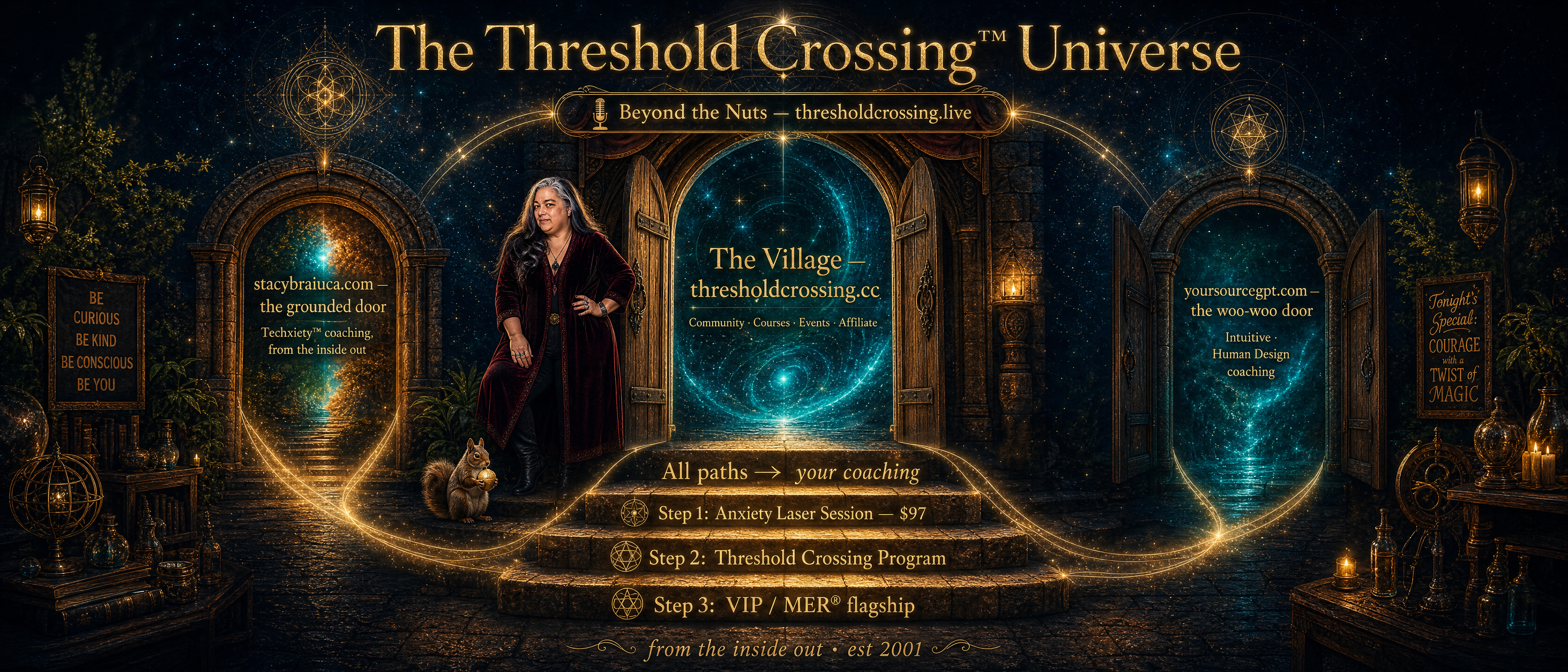 The Threshold Crossing Universe — a map of the doors, the Village, and the path to your coaching
