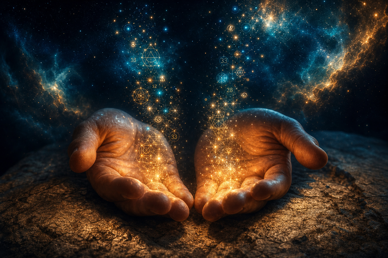 Cupped hands cradling glowing light and sacred geometry — a safe container for change