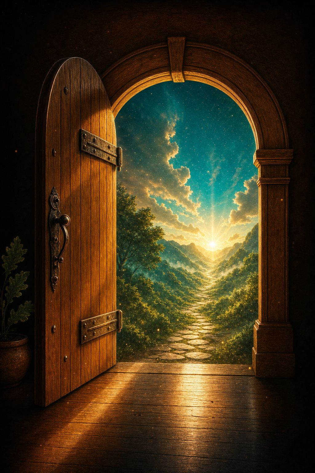 An open wooden door glowing with soft light, a quiet path beyond it