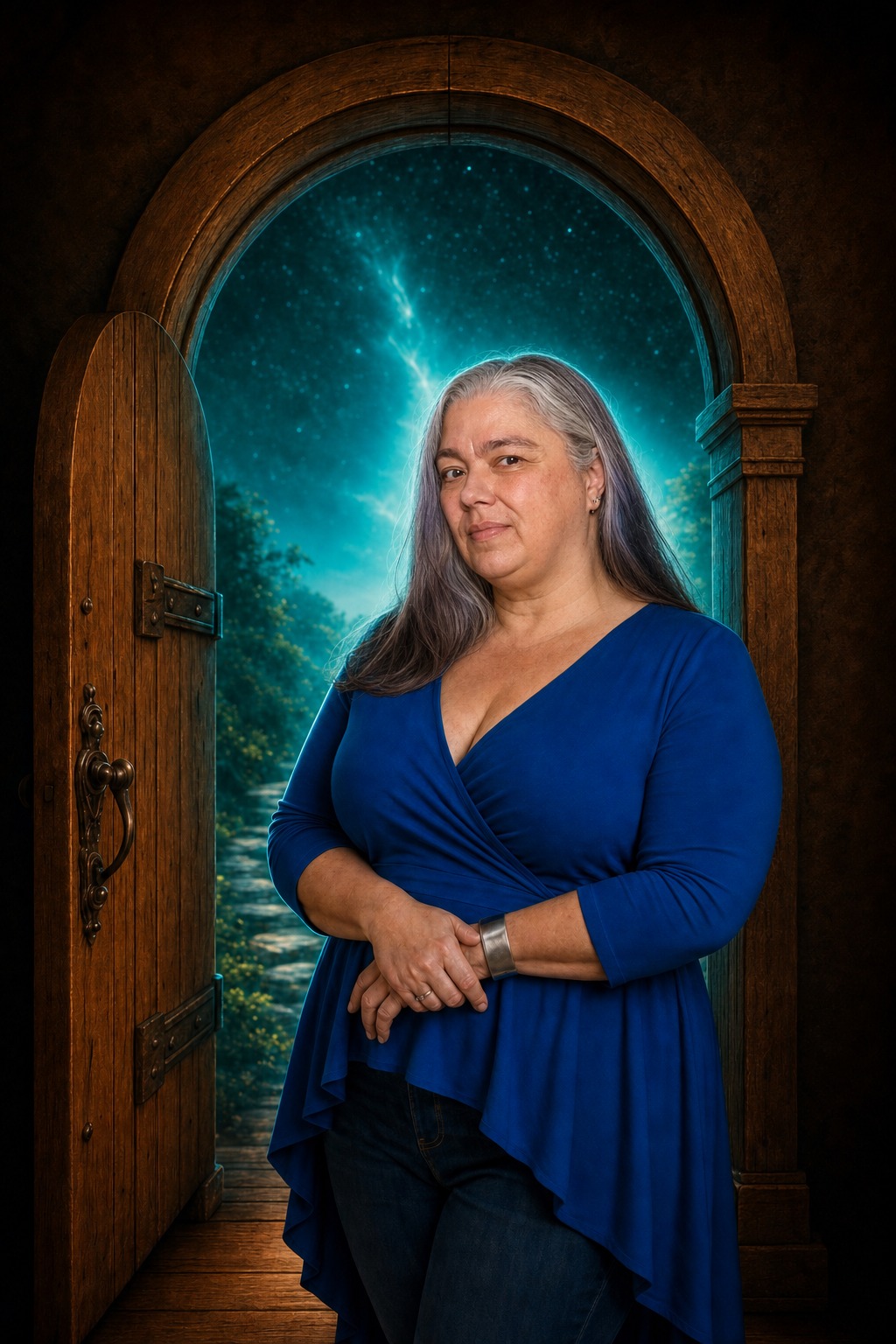 Stacy Braiuca standing in the wooden threshold doorway, cosmic path behind her