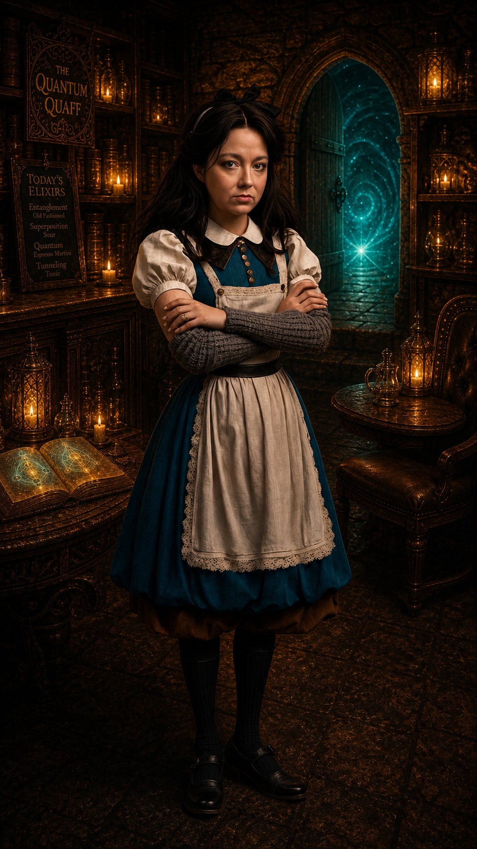 Alice, in Victorian-modern dress, at the glowing circuit-tree archway with a squirrel