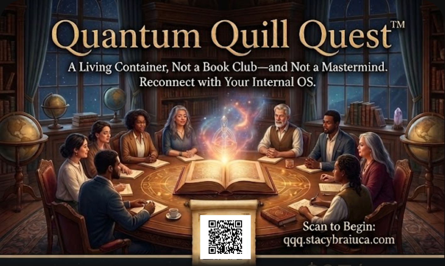 The Quantum Quill Quest circle — readers gathered around a glowing book in a candlelit library