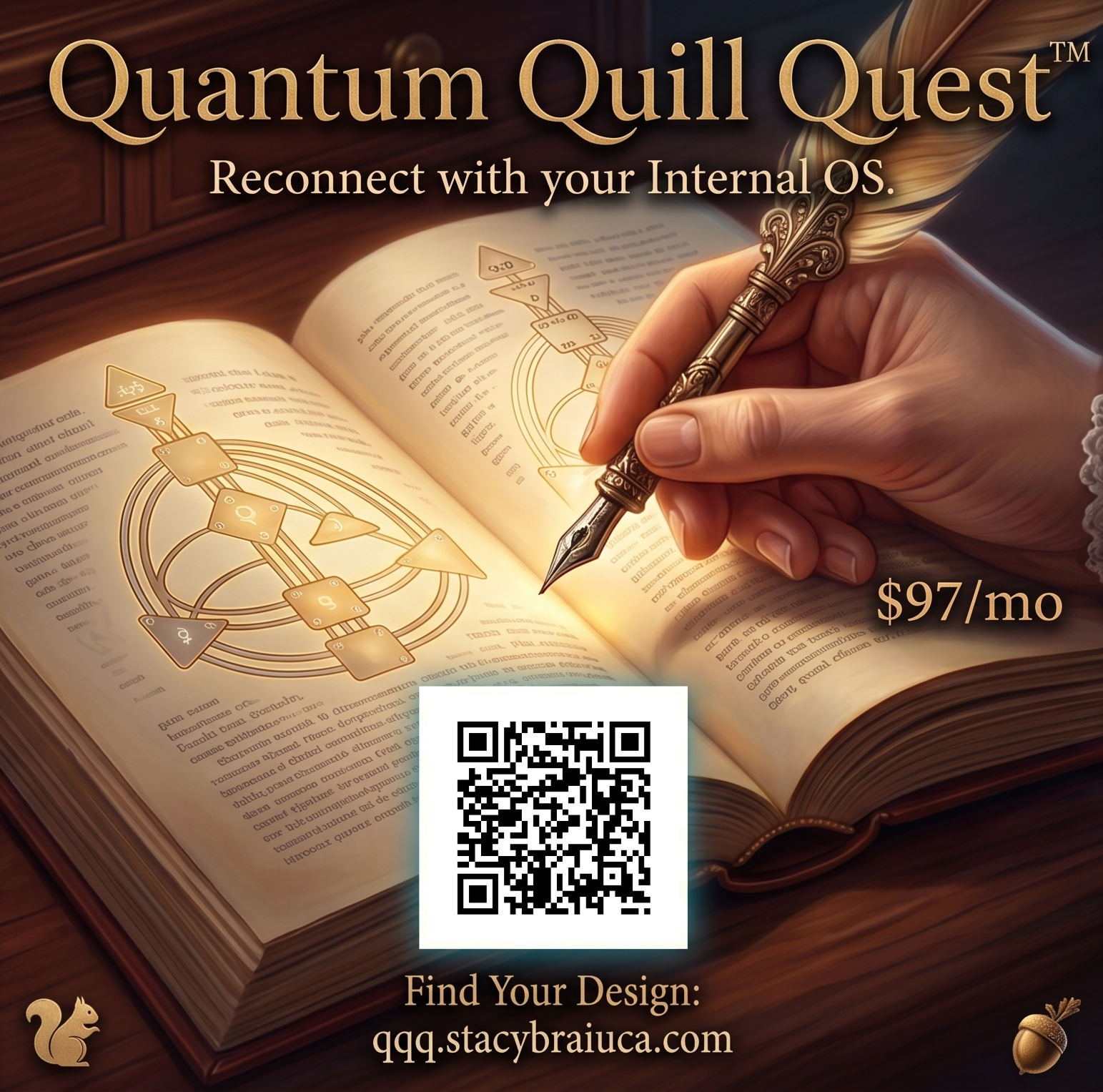 Quantum Quill Quest — an open Human Design book with a quill, and a QR code to qqq.stacybraiuca.com
