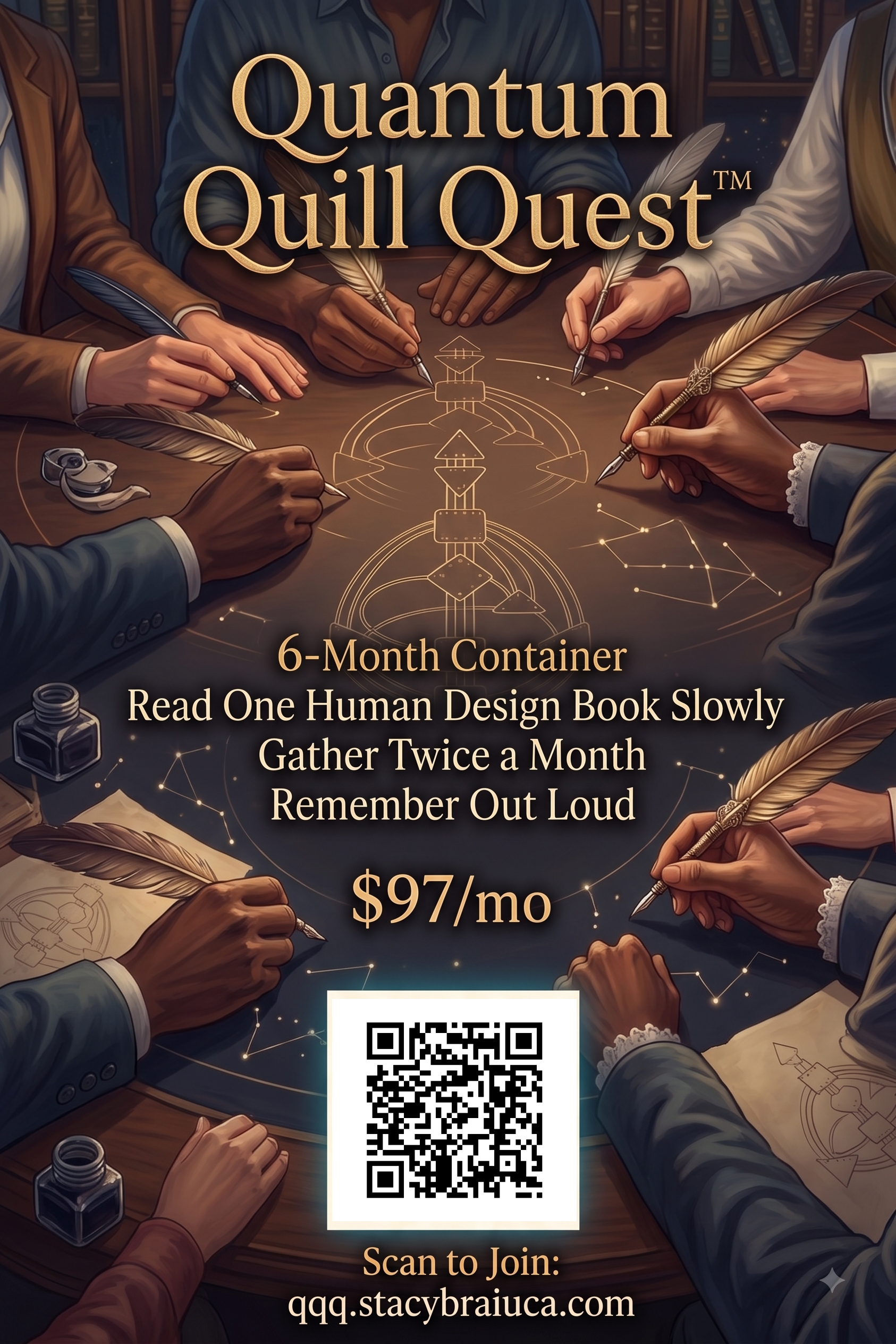 Quantum Quill Quest — questers writing with quills around a Human Design bodygraph; scan to join at qqq.stacybraiuca.com