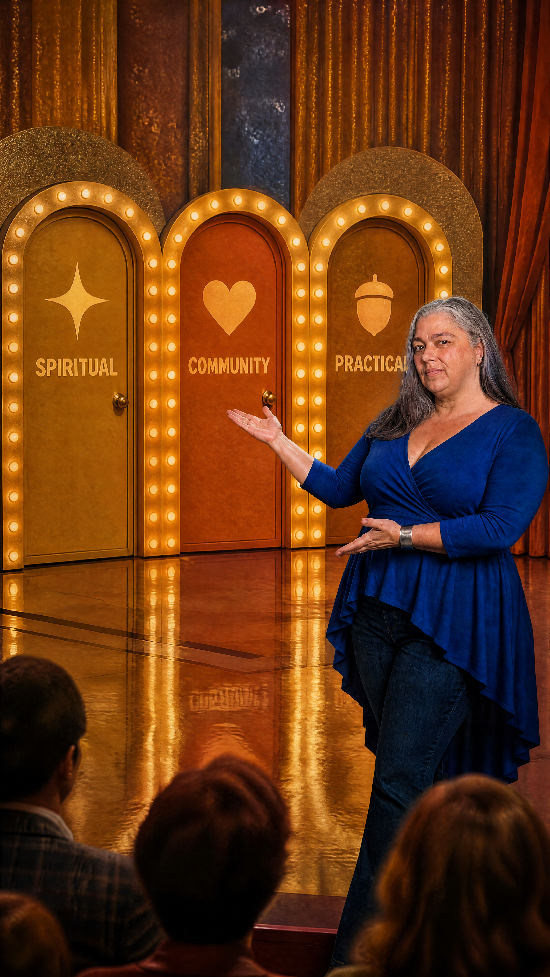 Stacy Braiuca, The Original Squirrel Wrangler™ and anxiety coach, standing in the threshold doorway