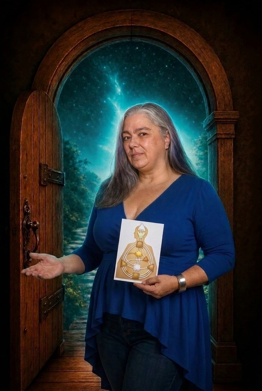 Stacy Braiuca in a blue top at an open arched wooden doorway to a starry night sky, holding a Human Design chart and gesturing you in with an open hand.