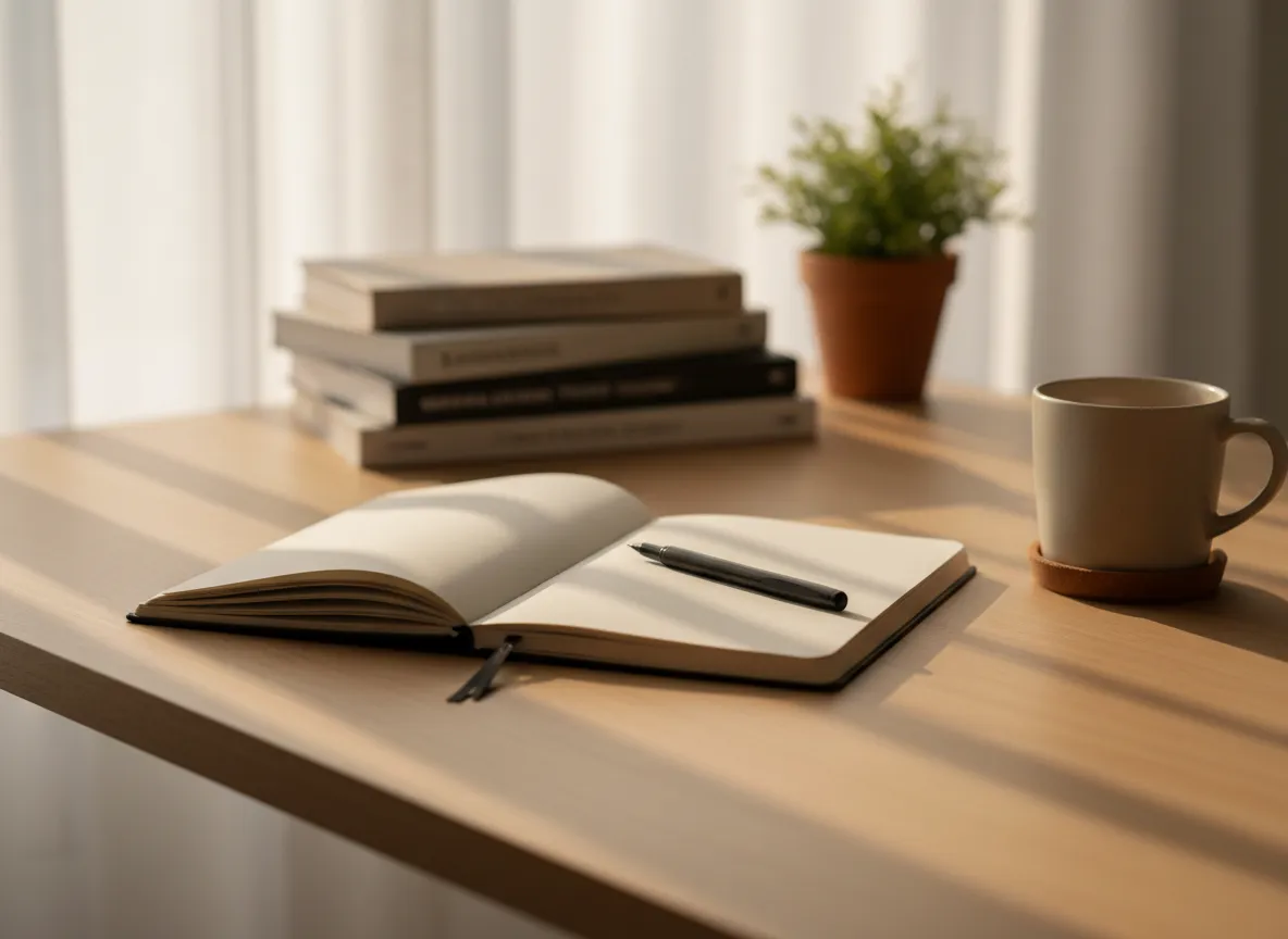 Open notebook and pen beside a mug on a wooden desk