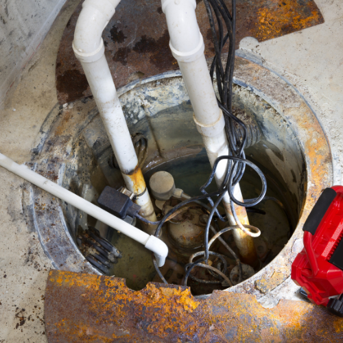 Sump pump pit with discharge pipes