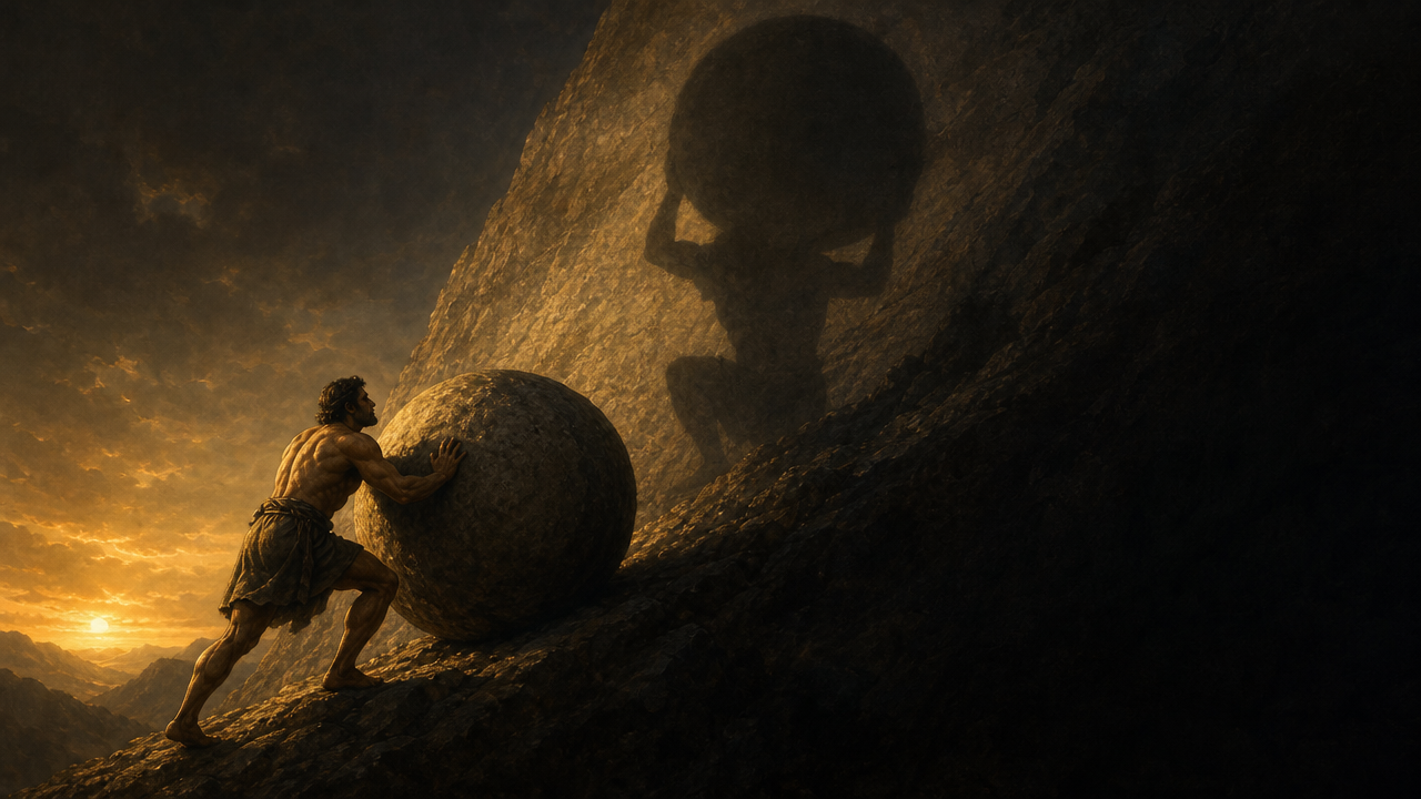 Sisyphus pushes his boulder up the mountain at dusk while his shadow on the rock takes the shape of Atlas holding the world