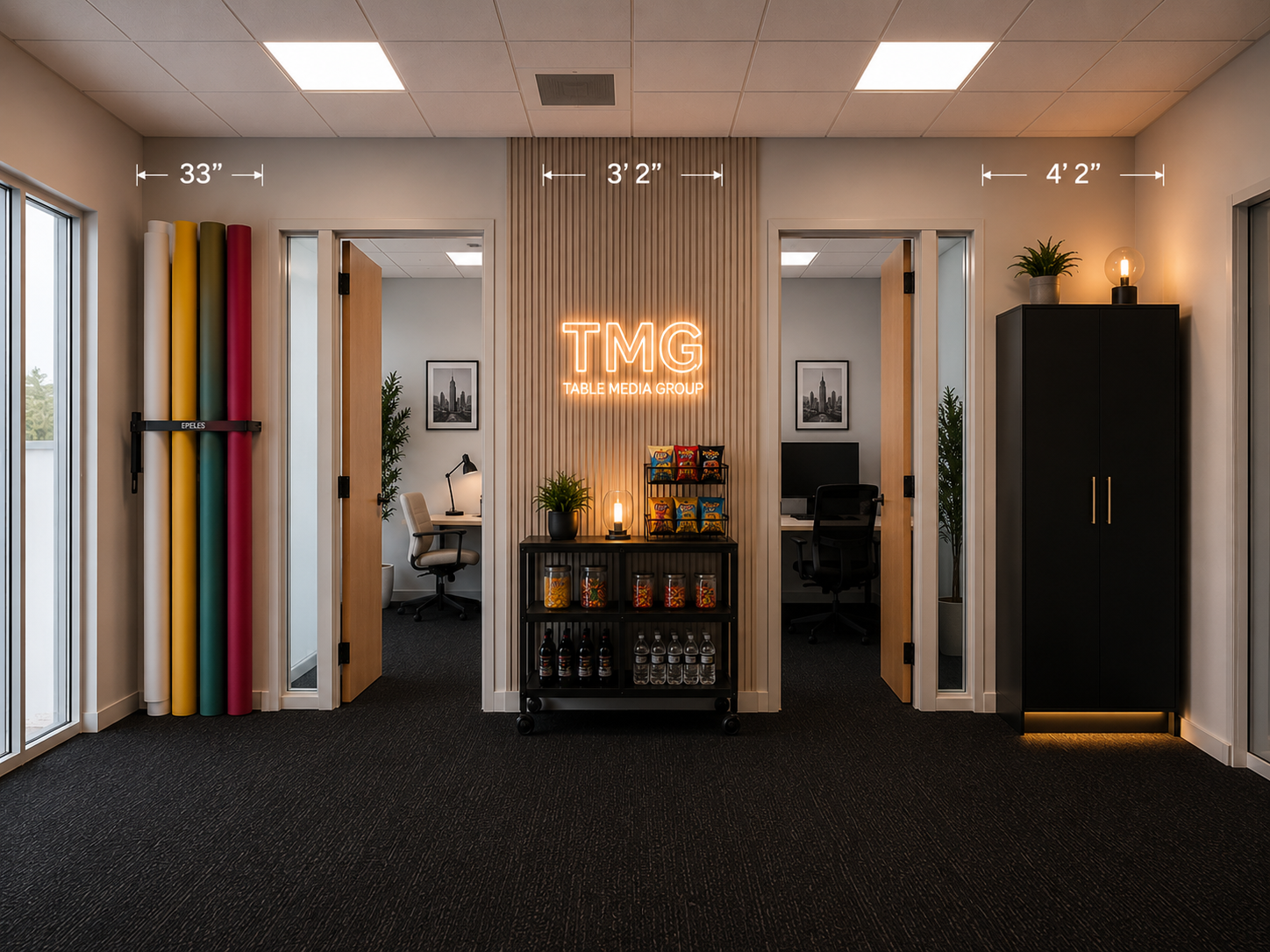 The studio entrance and colored seamless backdrops