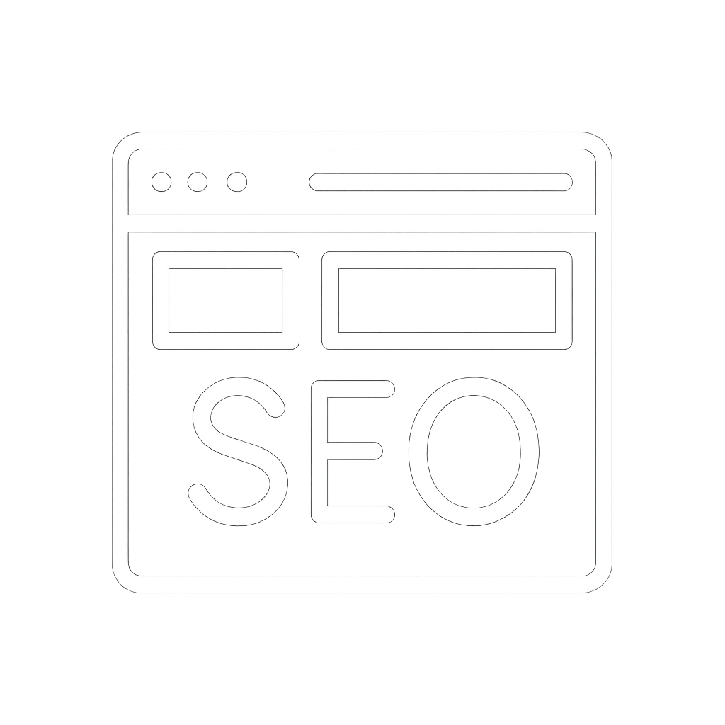"White icon of a browser window with SEO elements, representing website design and search engine optimisation."
