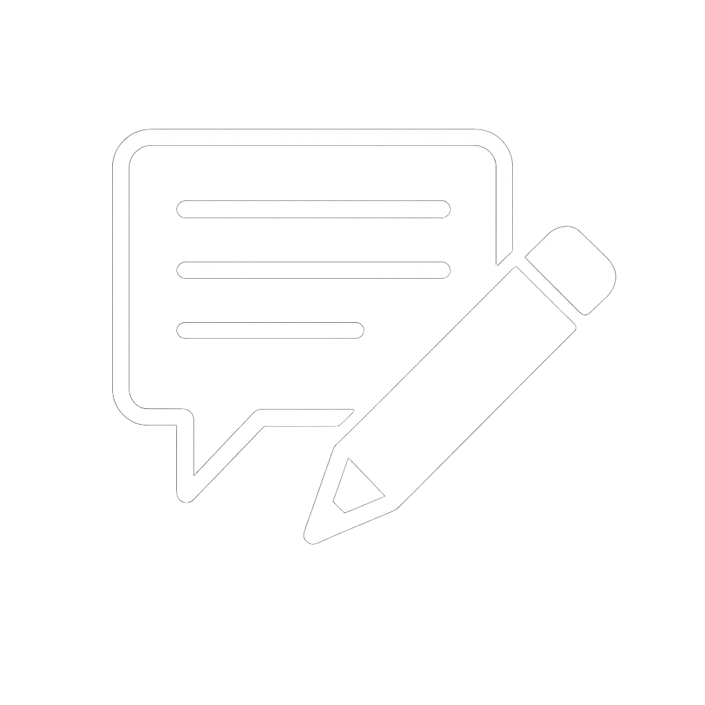 "White icon of a speech bubble and pencil, representing content creation and social media management."