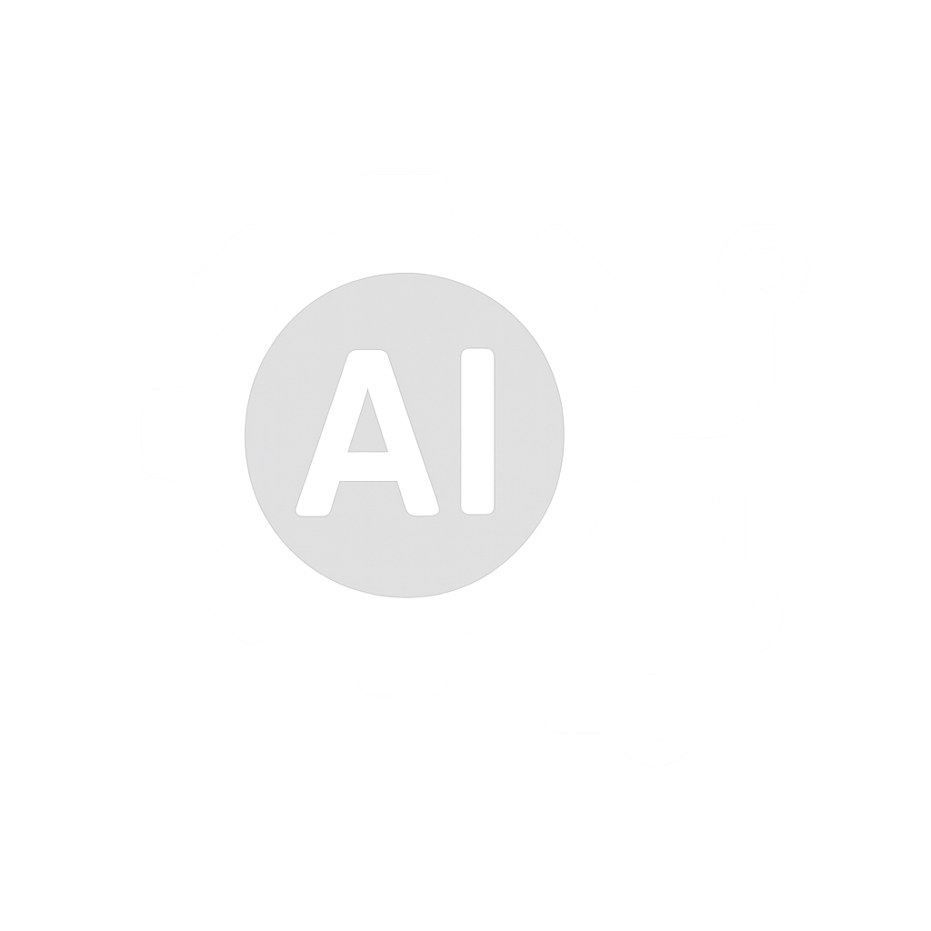 "White icon of a gear with 'AI' and circuit lines, symbolising business process automation using artificial intelligence."