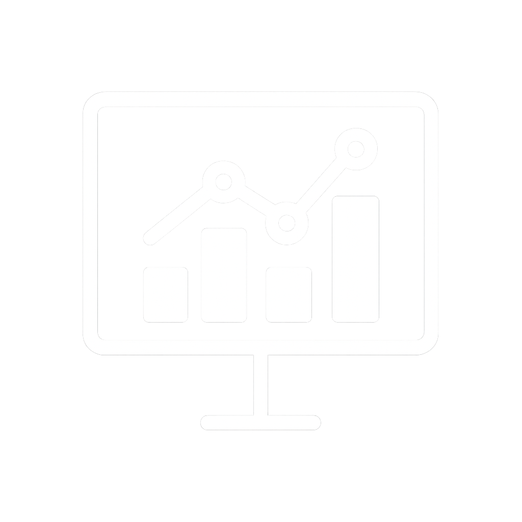 "White icon of a presentation board with bar and line graphs, representing business performance analytics and tracking."