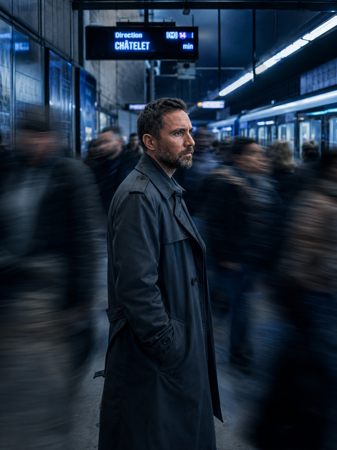 Portrait de profil dans une station de métro avec foule floutée