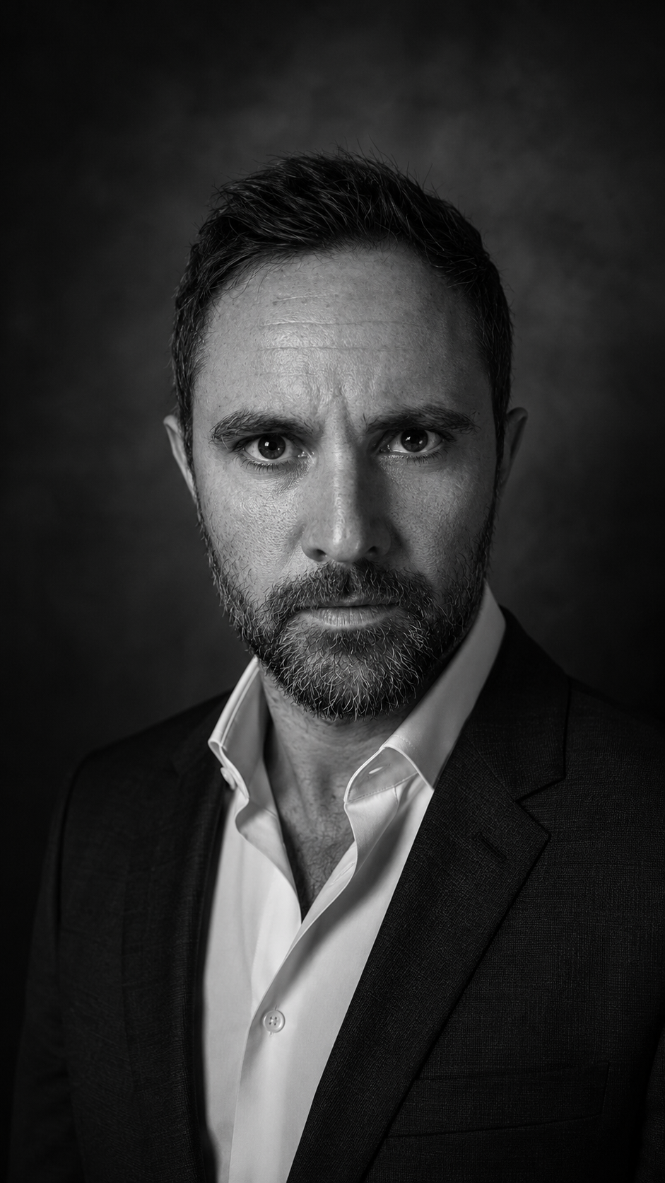 Portrait éditorial noir et blanc haute gamme en studio
