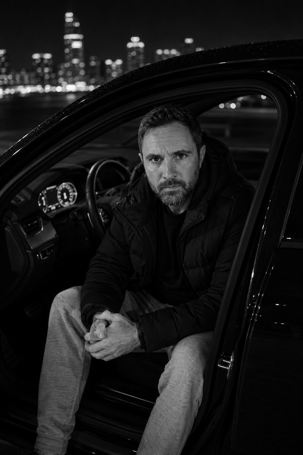 Portrait noir et blanc de nuit dans une voiture