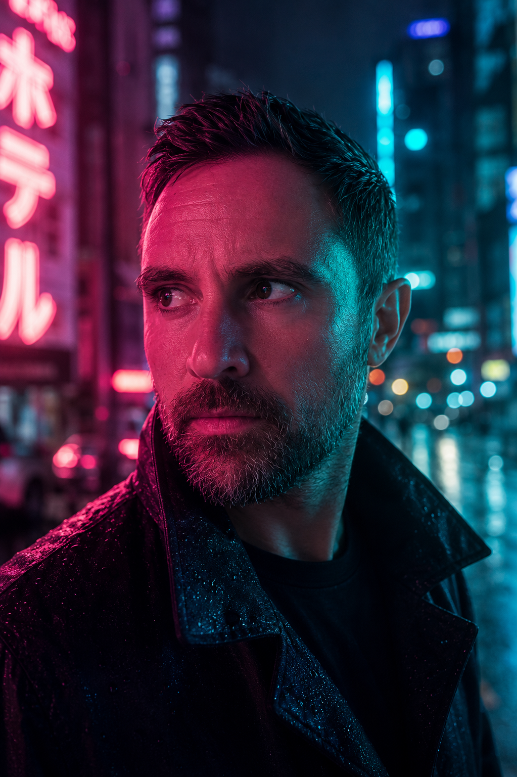 Portrait neon-noir éclairé par des enseignes magenta et teal