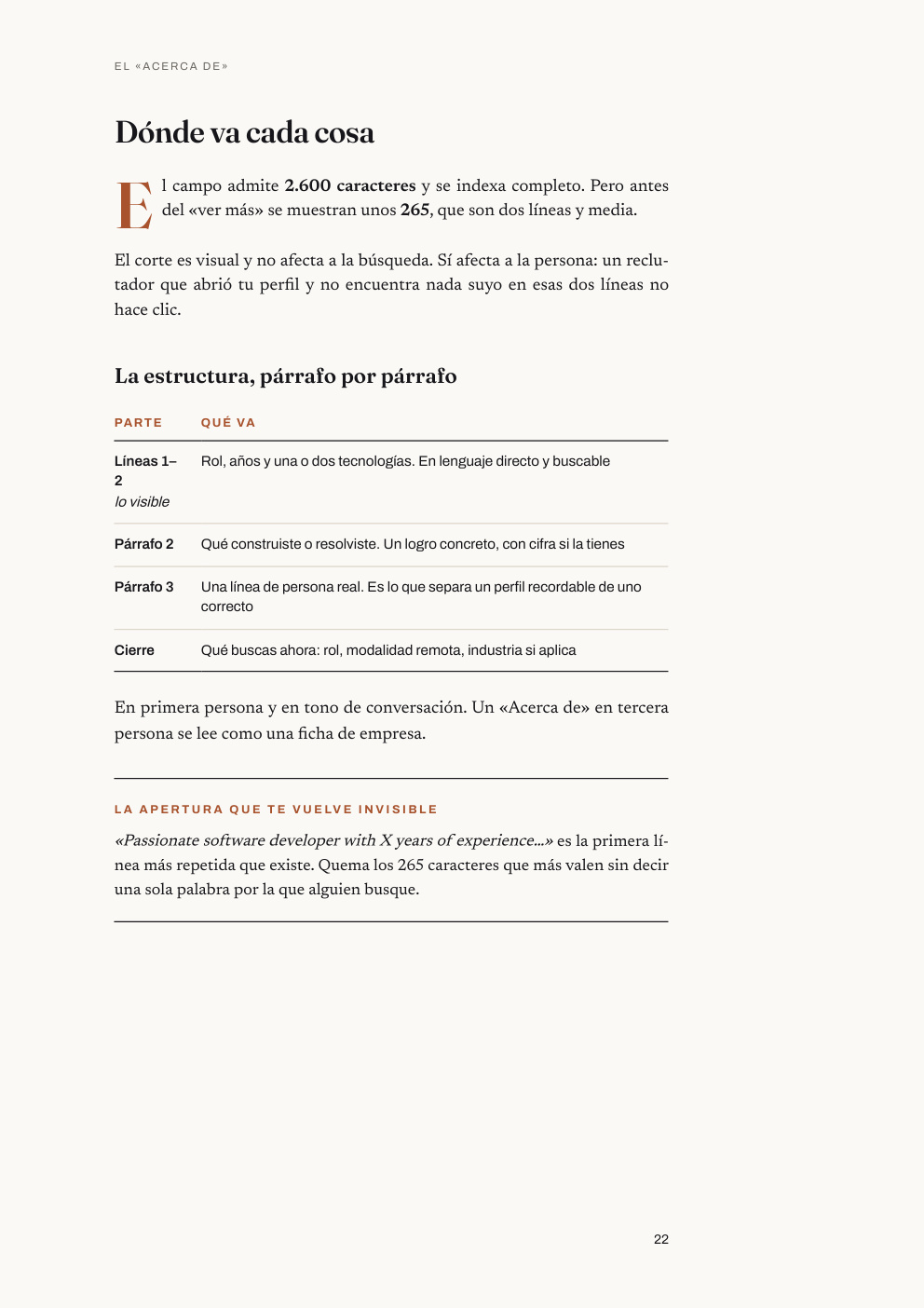 Página del libro: tabla de qué va en cada párrafo del «Acerca de»