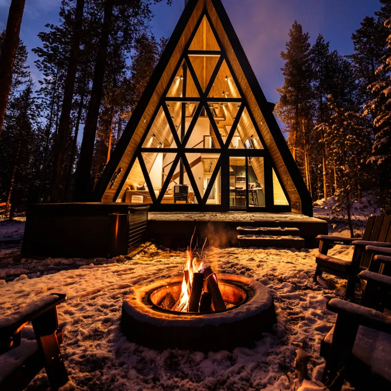 Cabin exterior at night