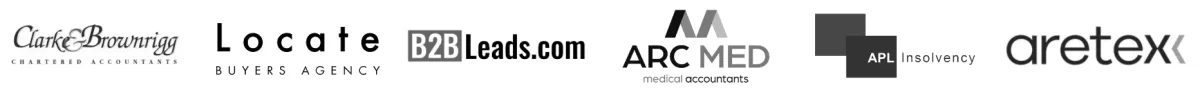 Client logos: Clarke & Brownrigg Chartered Accountants, Locate Buyers Agency, B2B Leads, Arc Med Medical Accountants, APL Insolvency, Aretex