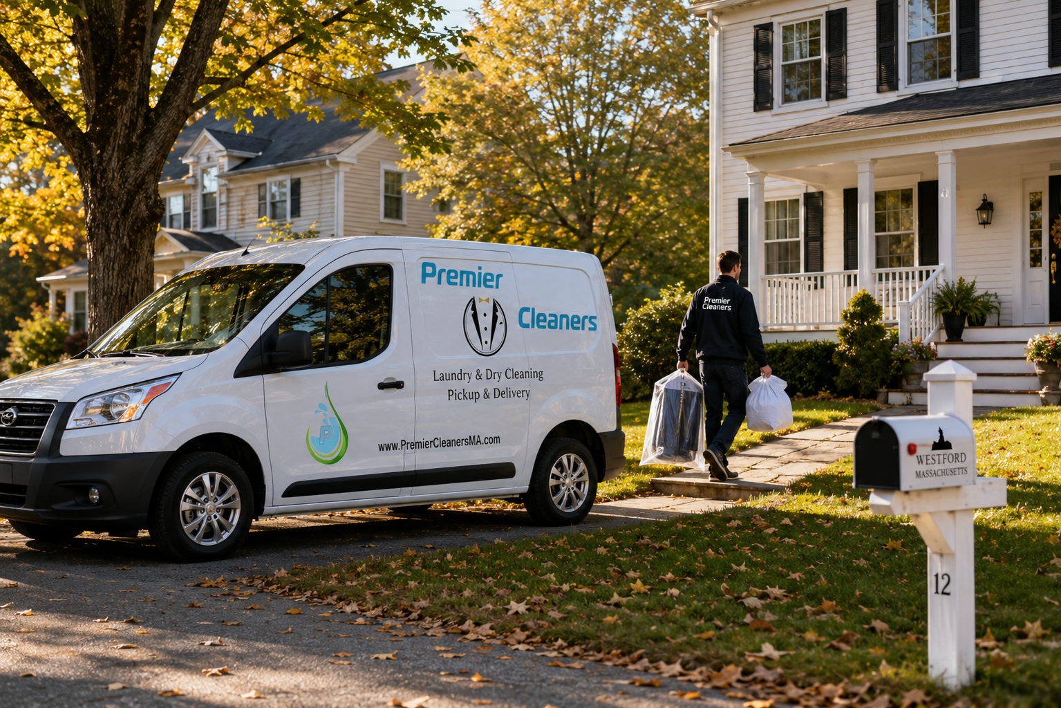 Premier Cleaners laundry pickup truck on a Westford street Saturday morning Premier Cleaners laundry pickup truck on a Westford street Saturday morning