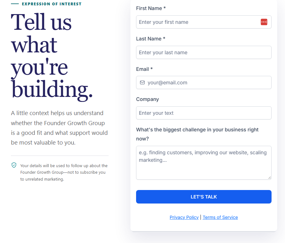 Founder Growth Group interest form asking for name, email, company and current business challenge