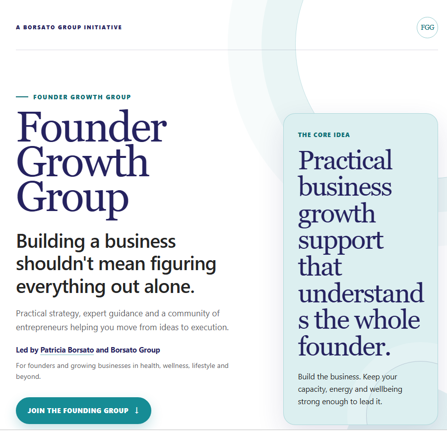 Founder Growth Group landing page introducing practical support for founders