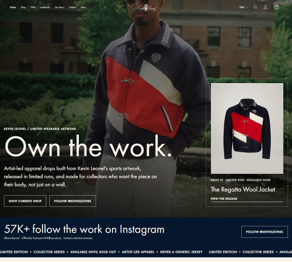 Kevin Leonel storefront presenting an artist-led limited apparel release