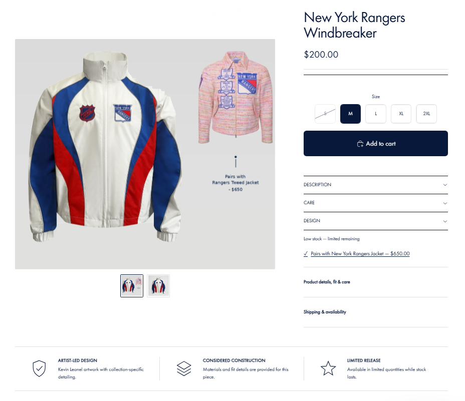 New York Rangers Windbreaker product page showing imagery, size choices, details and a related piece