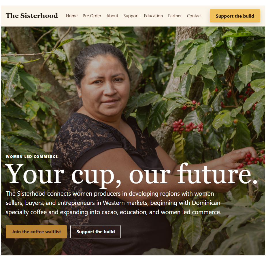 The Sisterhood homepage introducing women-led coffee and commerce