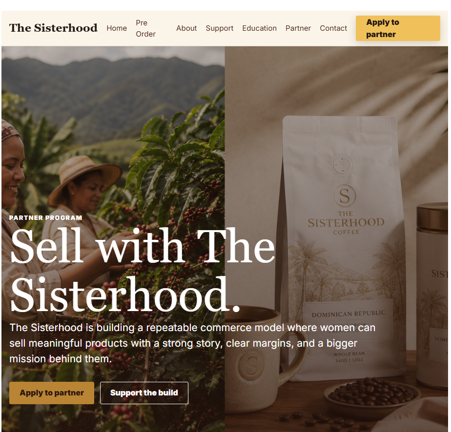 The Sisterhood partner page inviting women to apply to sell through the venture