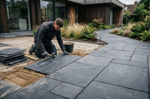 Stone patio and flagging