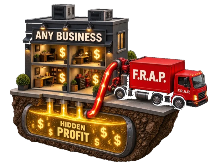 A cutaway model of a business: a lit two-storey building signed ANY BUSINESS with glowing dollar signs in its offices and workshop, and a red F.R.A.P. tanker truck on the forecourt running a hose down into a glowing underground reservoir labelled HIDDEN PROFIT.